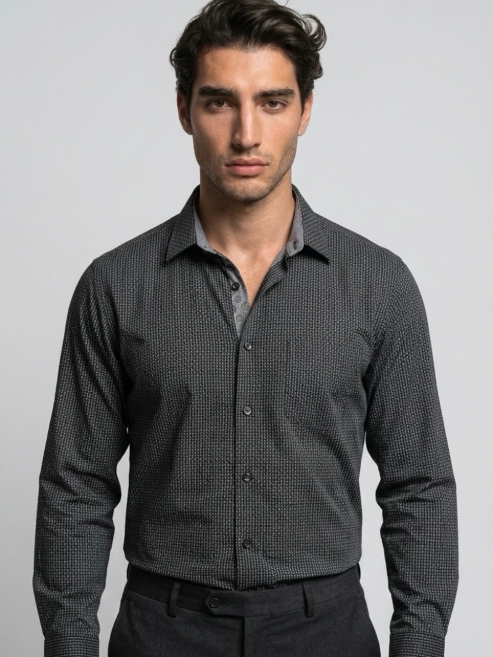 Robert Graham Men's Black Gray Office Long Sleeve Dress Shirt Size L-16 1/2”